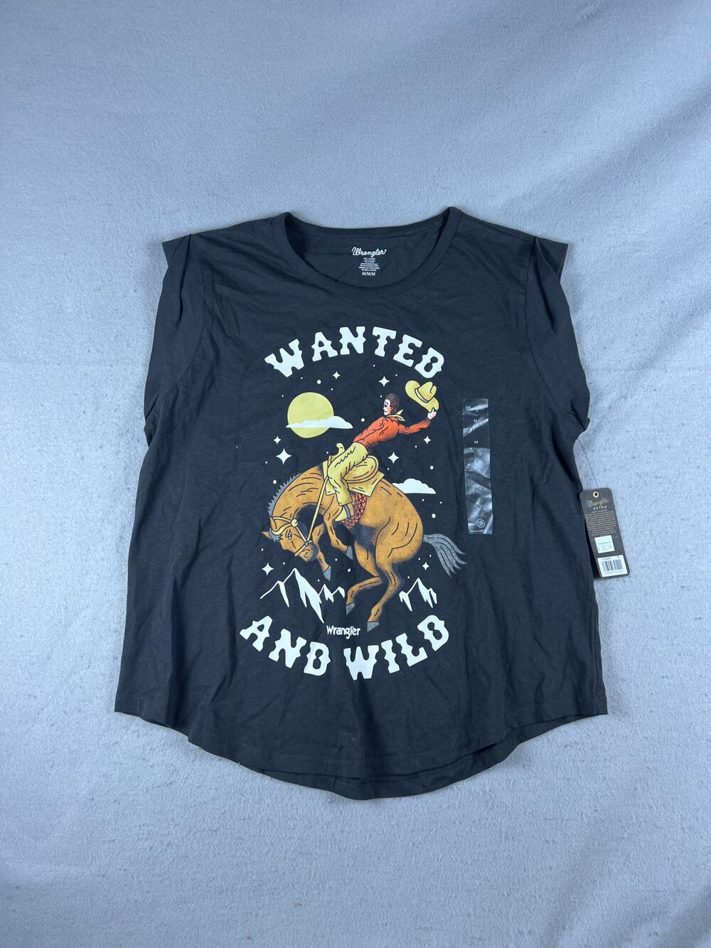 Wrangler Tank Top Womens M Black Wanted and Wild Cowboy Graphics Western NEW